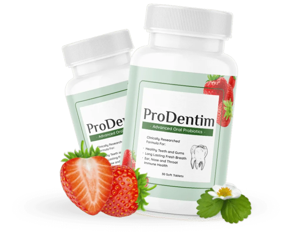 ProDentim oral probiotic supplement bottles with strawberries
